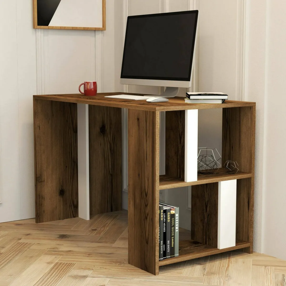 Ufficio|Camera Da Letto > Dmora Scrivania lineare noce e bianca 120x60cm - Bising Bianco, Marrone Noce