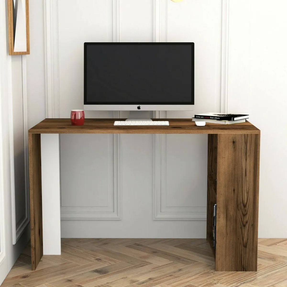 Ufficio|Camera Da Letto > Dmora Scrivania lineare noce e bianca 120x60cm - Bising Bianco, Marrone Noce