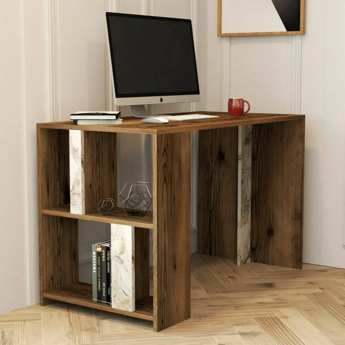 Scrivania lineare noce e bianca marmo 120x60cm - Bising