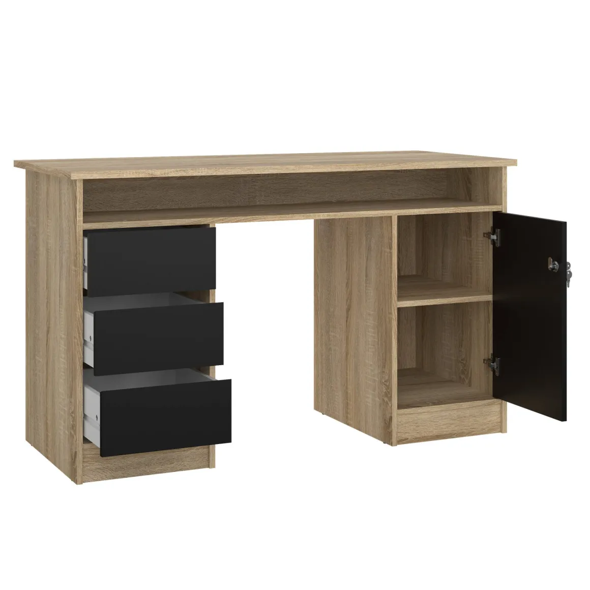 Scrivania lineare quercia e nera 126x55cm con 3 cassetti - Shanshan