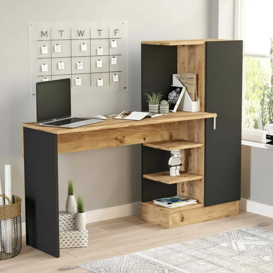 Scrivania lineare quercia e nera 152x40cm con 1 cassetto - Angaga
