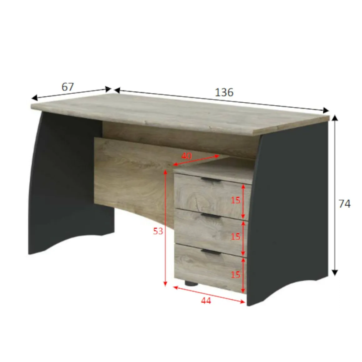 Scrivania lineare rovere e antracite 136x67cm con 3 cassetti - Azziz