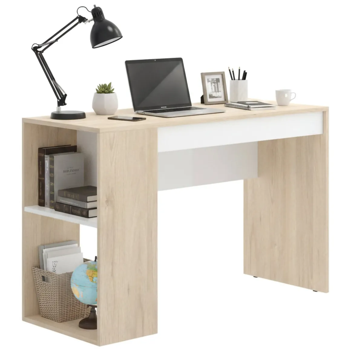 Scrivania lineare rovere e bianca 115x50cm con libreria - Arianella