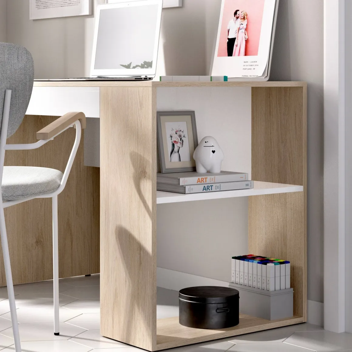 Scrivania lineare rovere e bianca 115x50cm con libreria - Arianella