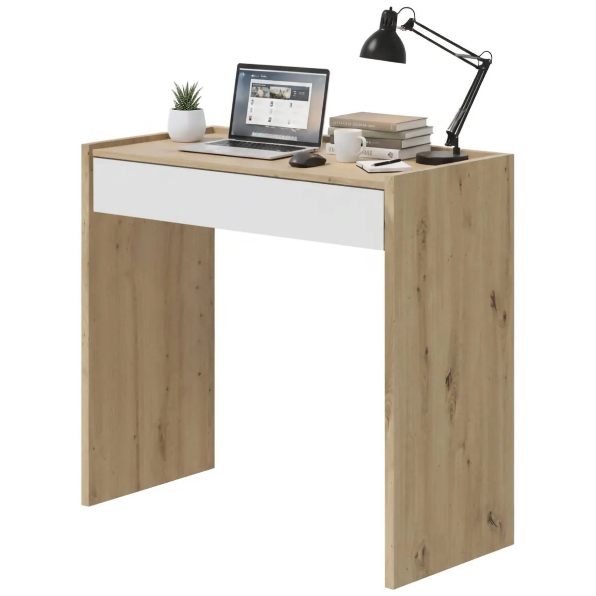 Ufficio|Camera Da Letto > Dmora Scrivania lineare rovere nodi e bianca 81x40cm con 1 cassetto - Akaba Bianco, Marrone Rovere Nodi