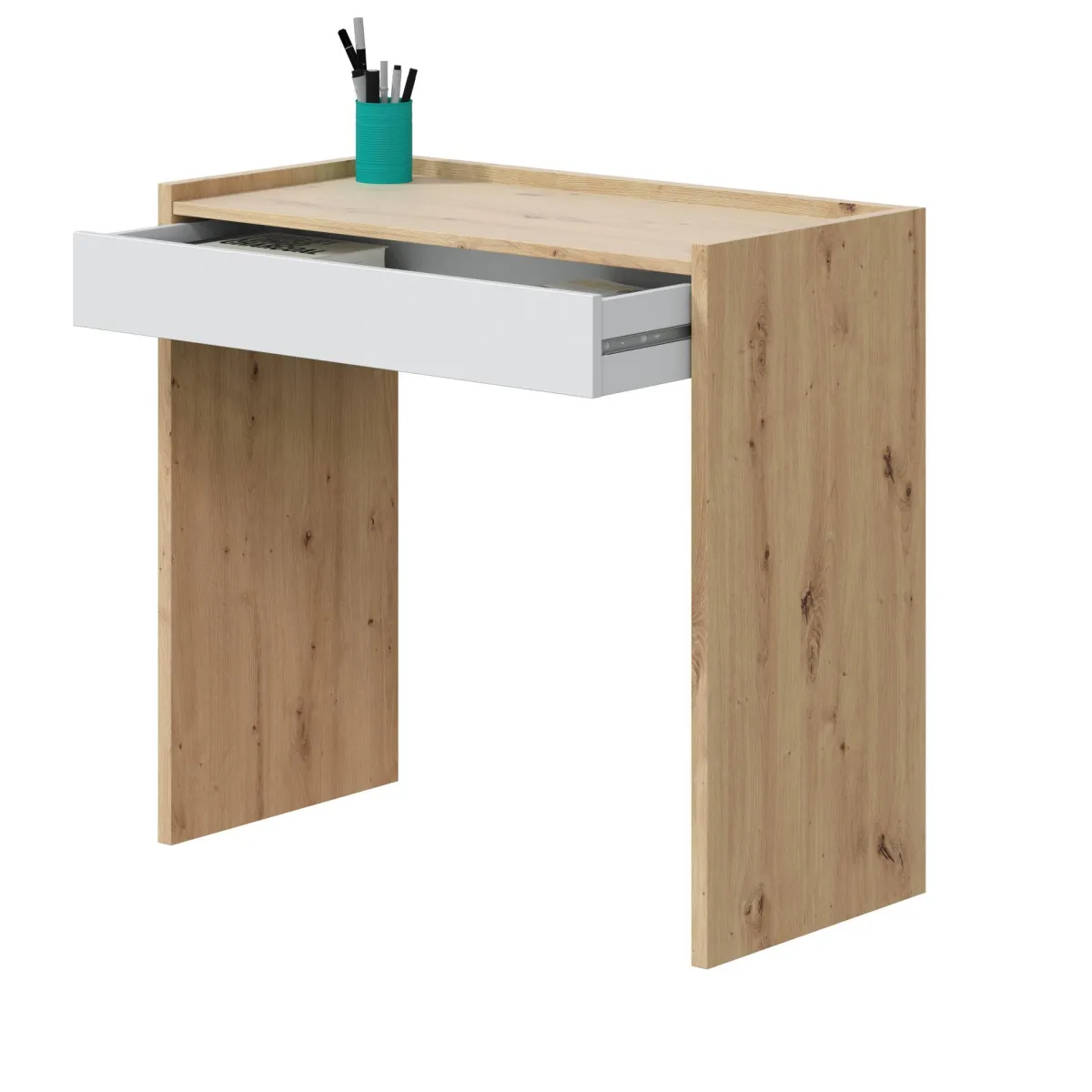 Ufficio|Camera Da Letto > Dmora Scrivania lineare rovere nodi e bianca 81x40cm con 1 cassetto - Akaba Bianco, Marrone Rovere Nodi