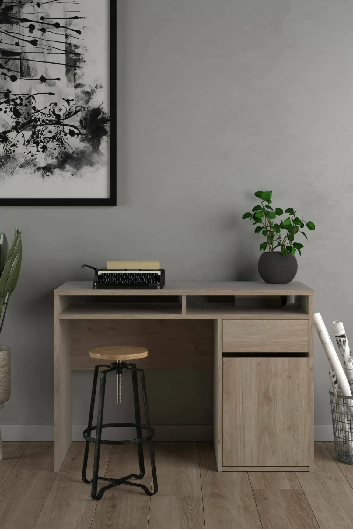 Scrivanie > Dmora Scrivania lineare rovere 110x48cm con 3 cassetti - Huaning Marrone Rovere