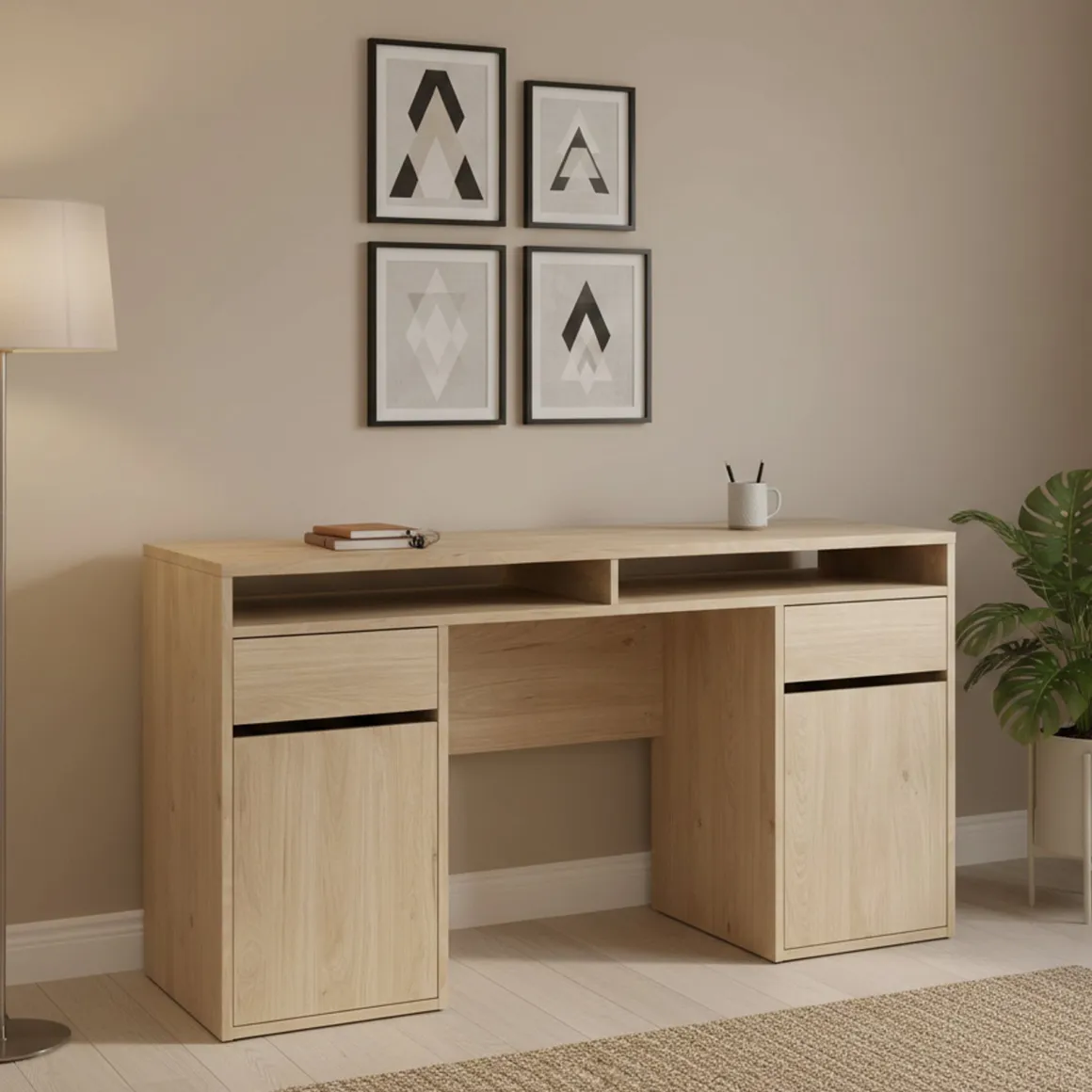Scrivanie > Dmora Scrivania lineare rovere 149x48cm con libreria - Ambrenti Marrone Rovere