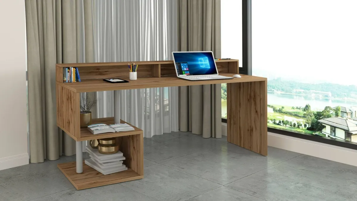 Ufficio|Camera Da Letto > Dmora Scrivania lineare rovere 180x60cm con supporto computer - Arre Marrone Rovere