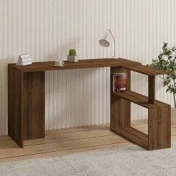 Scrivania Marrone Noce 2 Ripiani Angolare 130x50x74h cm, 2 Vani - Fibreno