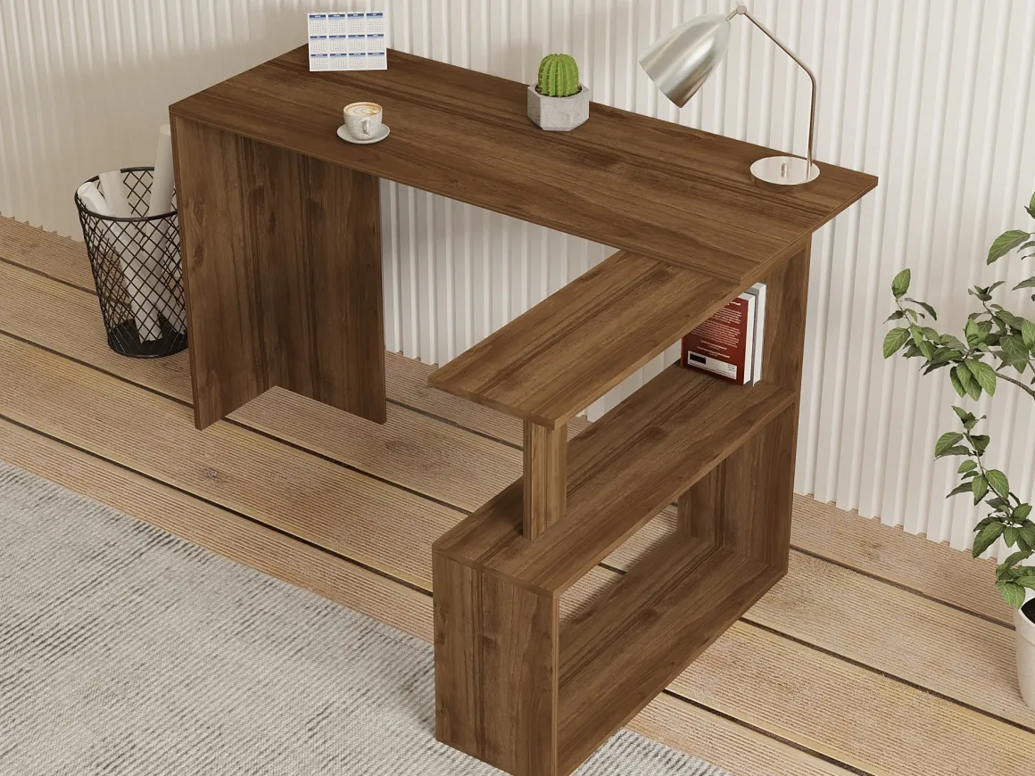 Scrivania Marrone Noce 2 Ripiani Angolare 130x50x74h cm, 2 Vani - Fibreno