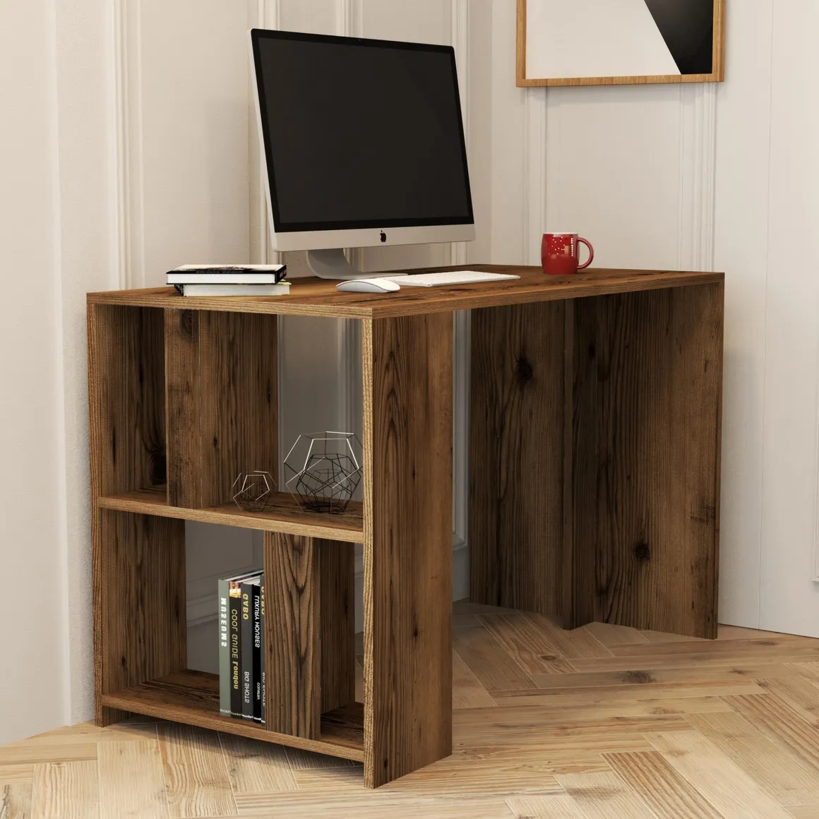 Scrivanie > Dmora Scrivania 5 Ripiani Angolare 80x80x74h cm, 4 Vani - Mamette Marrone Noce