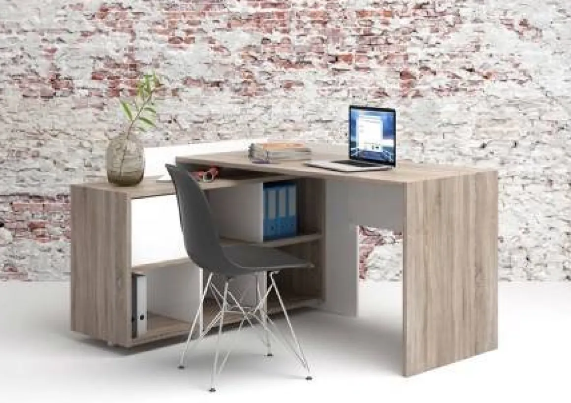 Scrivania Marrone Quercia Angolare 3 Ripiani 140x120x80.4h cm, 6 Vani