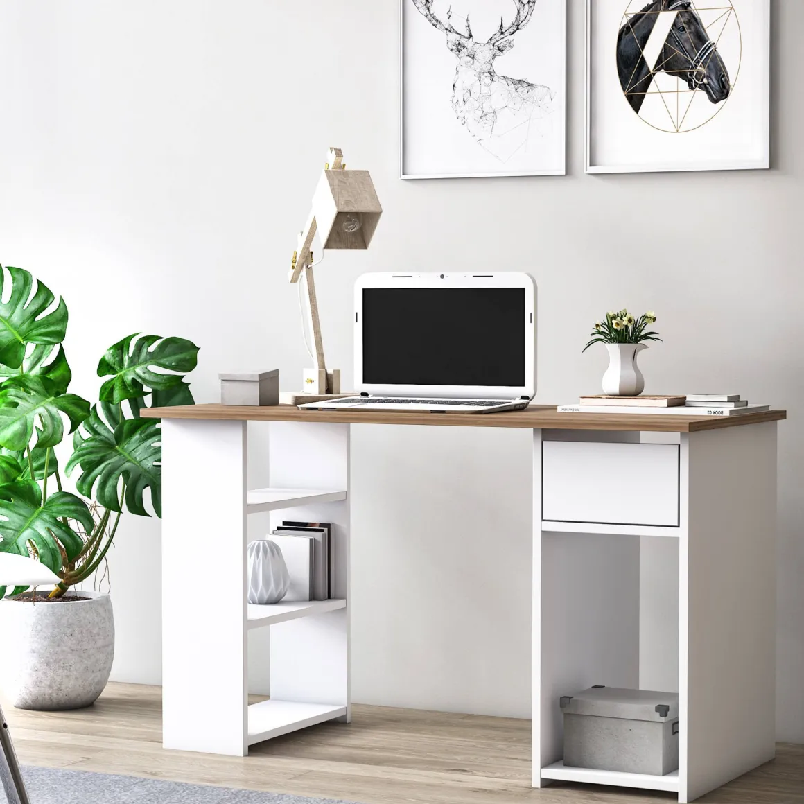 Scrivanie > Dmora Scrivania un Vano Supporto pc 80x50x75h cm, Materiale Piano in Legno Massello - Mezzo Marrone Quercia