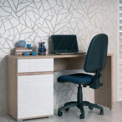 Scrivania Marrone Rovere Bianco un Cassetto un Ripiano 130x50x75.5h cm, Un'anta - Cambio