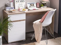Scrivania Marrone Rovere Bianco un Cassetto un Ripiano 130x50x75.5h cm, Un'anta - Cambio