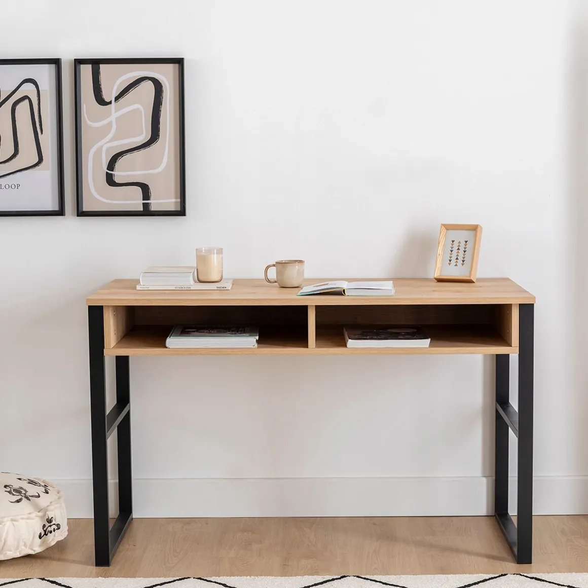Scrivanie > Dmora Scrivania Marrone Rovere Nero 3 Ripiani 2 Vani 160x60x75h cm, Colore Ripiano Marrone - Foppolo Nero, Marrone Rovere