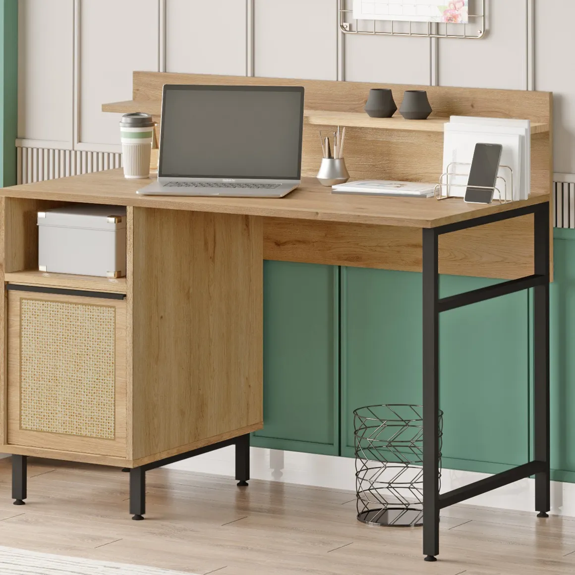 Scrivania Marrone Rovere Nero Antracite 4 Ripiani Un'anta 120x54x100h cm, 2 Vani - Brusati
