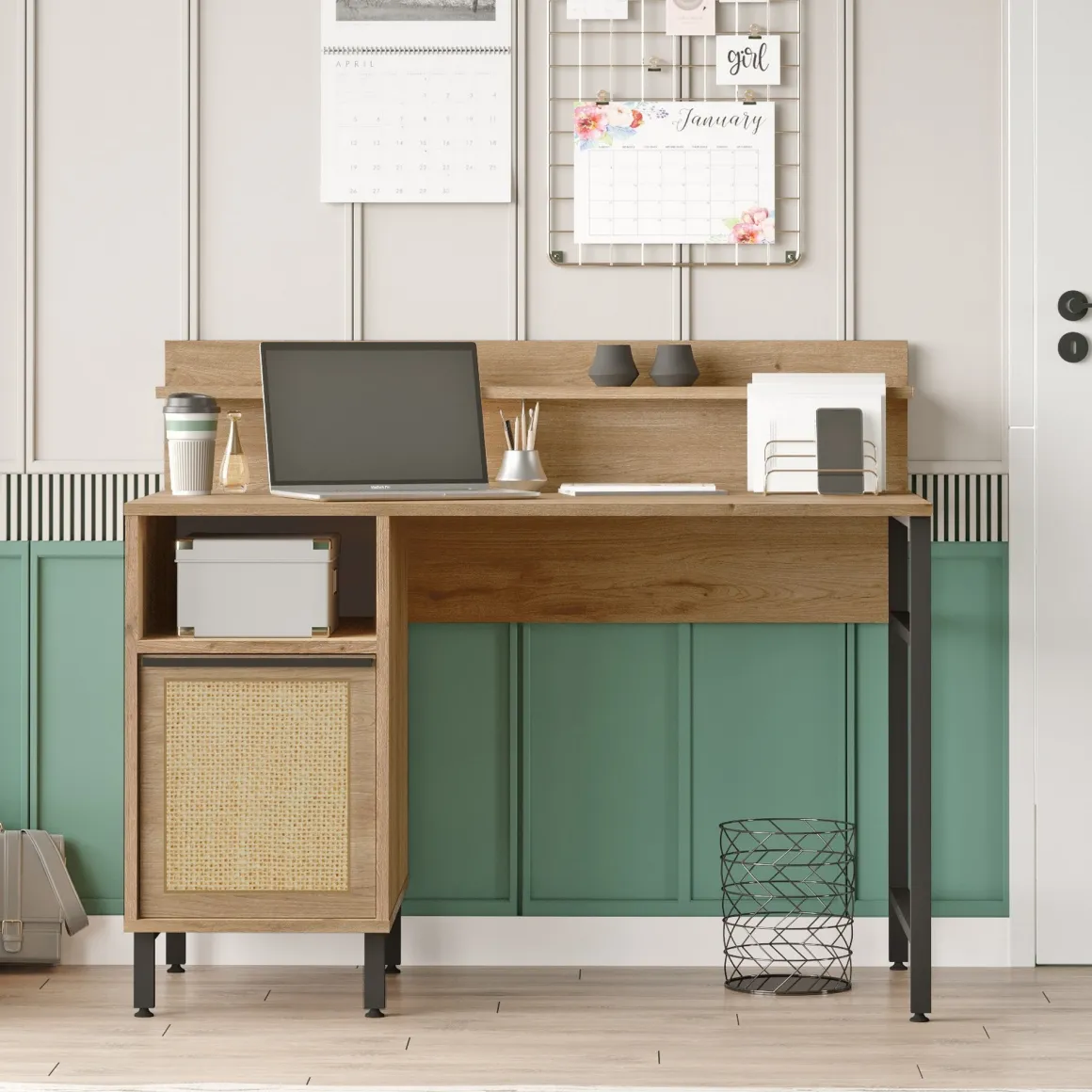 Scrivania Marrone Rovere Nero Antracite 4 Ripiani Un'anta 120x54x100h cm, 2 Vani - Brusati