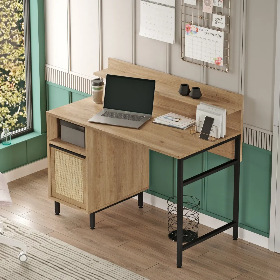 Scrivania Marrone Rovere Nero Antracite 4 Ripiani Un'anta 120x54x100h cm, 2 Vani - Brusati