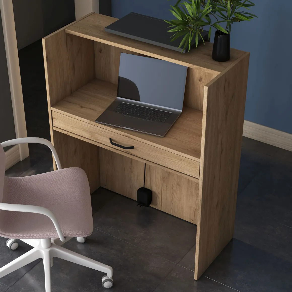 Scrivania Marrone Rovere Nero Antracite un Ripiano un Cassetto 90x40x110h cm, Banco Reception - Otricoli