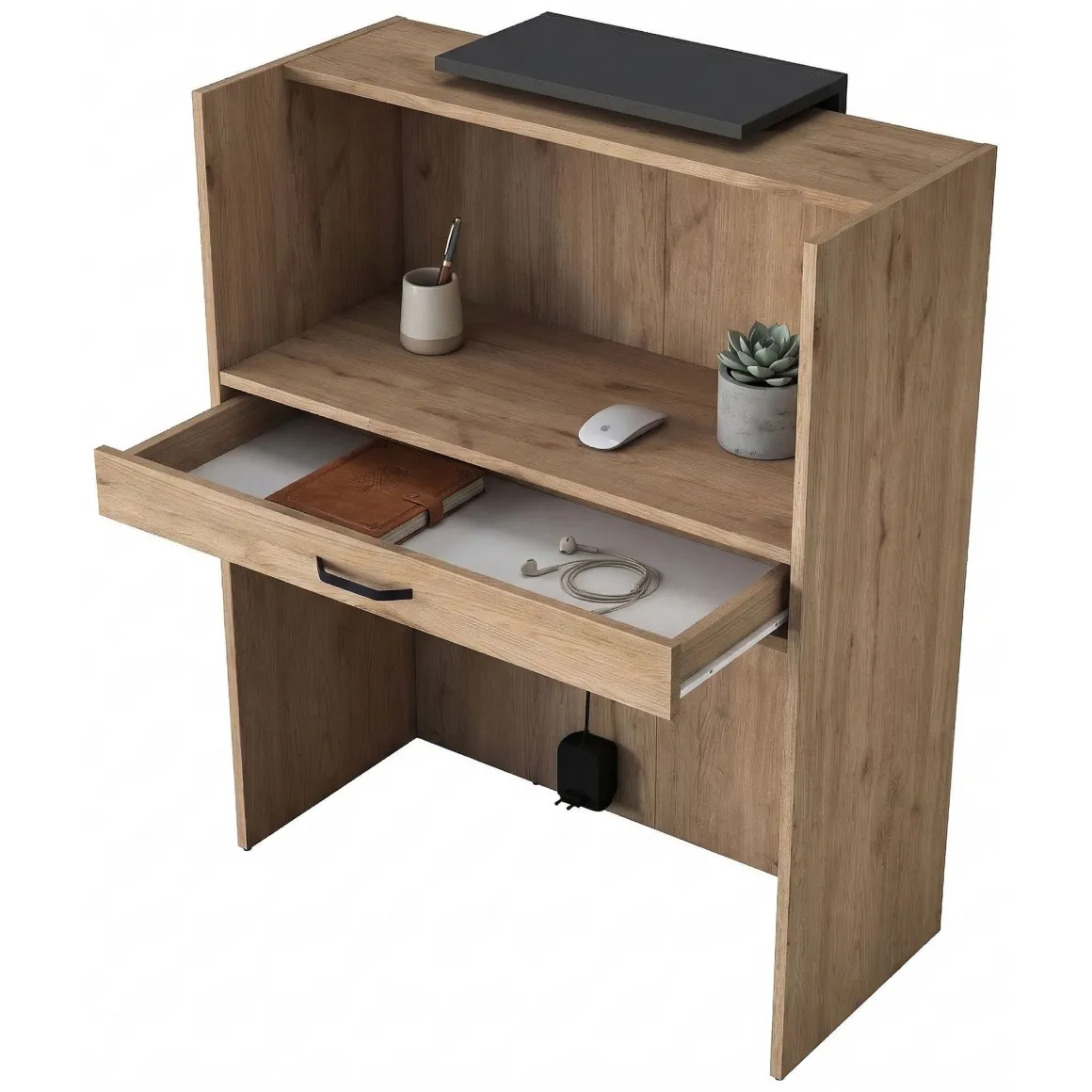 Scrivania Marrone Rovere Nero Antracite un Ripiano un Cassetto 90x40x110h cm, Banco Reception - Otricoli