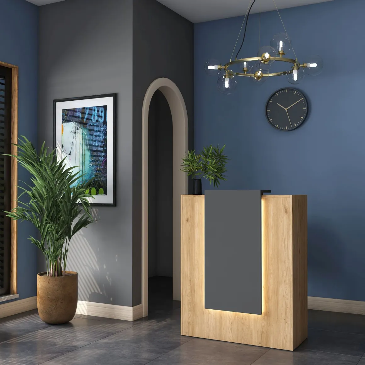 Scrivania Marrone Rovere Nero Antracite un Ripiano un Cassetto 90x40x110h cm, Banco Reception - Otricoli