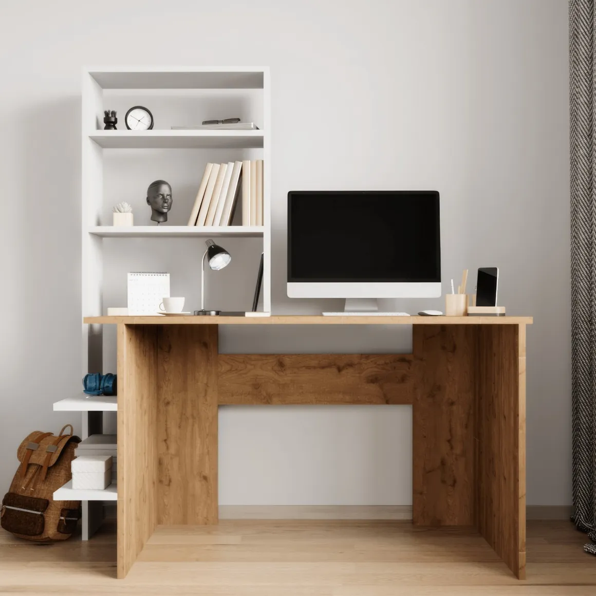 Scrivania Marrone Rovere Nodi Bianco 5 Ripiani 5 Vani 120x55x150h cm, con Libreria - Gradara