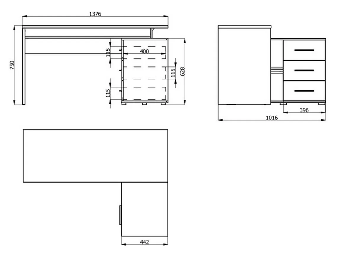 Scrivania Marrone Rovere Nodi Nero Angolare 3 Ripiani 137.5x101.5x75h cm, 3 Cassetti - Sapri