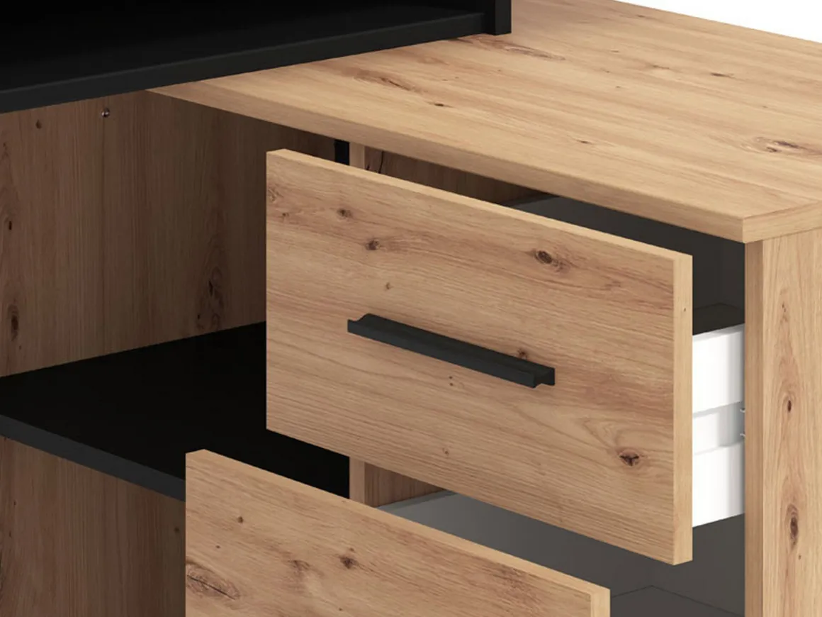 Scrivania Marrone Rovere Nodi Nero Angolare 3 Ripiani 137.5x101.5x75h cm, 3 Cassetti - Sapri