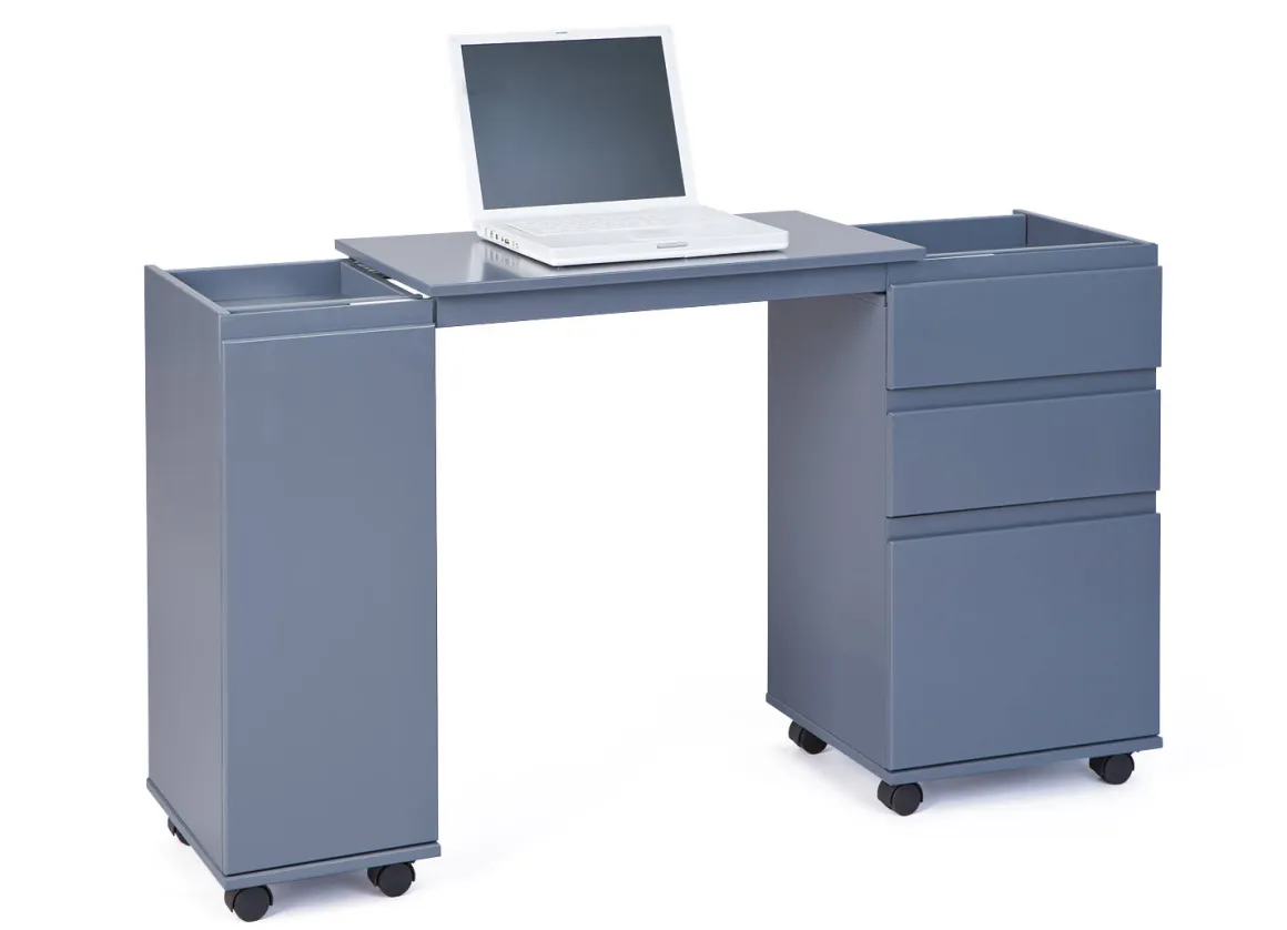 Scrivania/mobile allungabile con cassetti e contenitore in MDF laccato grigio