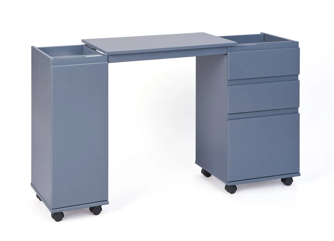 Scrivania/mobile allungabile con cassetti e contenitore in MDF laccato grigio
