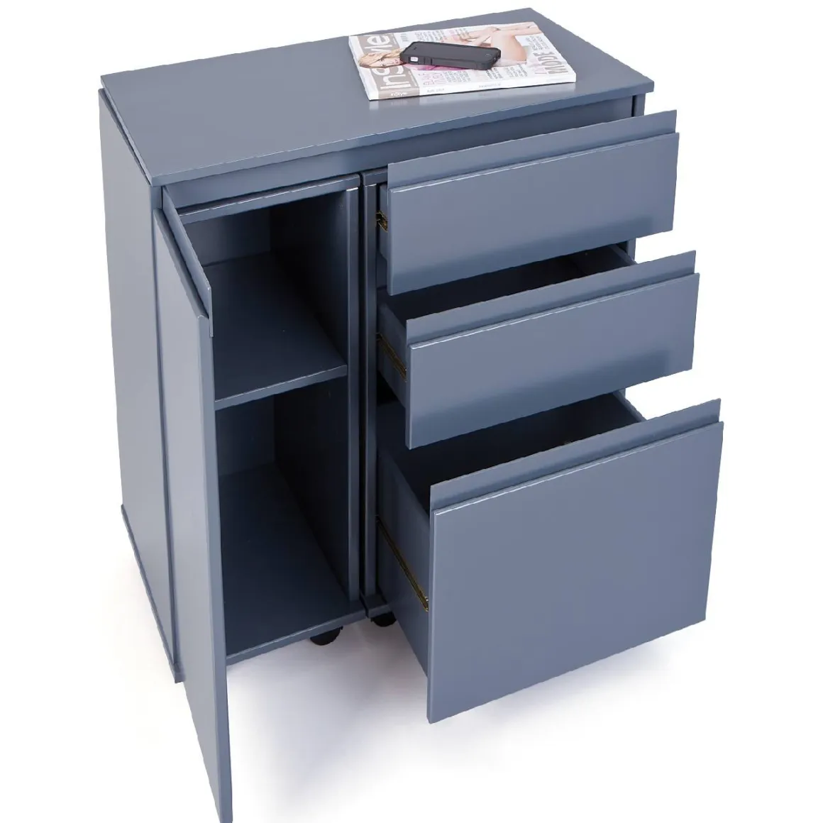 Scrivania/mobile allungabile con cassetti e contenitore in MDF laccato grigio