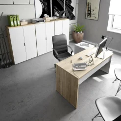 Scrivania moderna rovere e bianca 145x108cm con 2 cassetti - Agnello