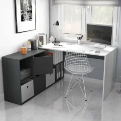 Ufficio|Camera Da Letto > Dmora Scrivania modulabile bianca e cemento 136x139cm con libreria - Abby Grigio, Bianco Cemento