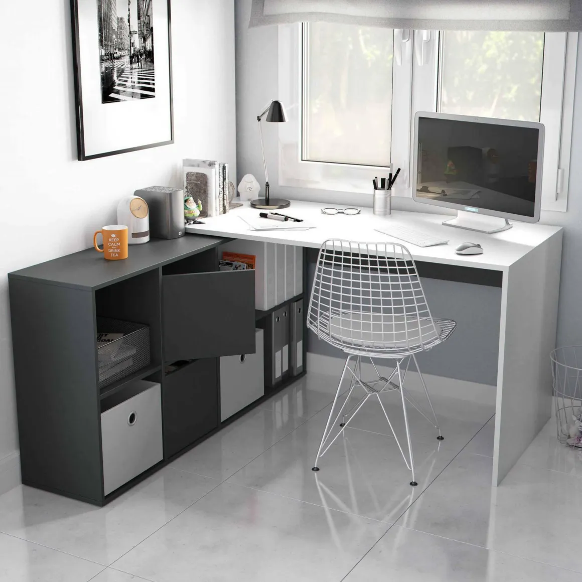 Scrivania modulabile bianca e antracite 136x139cm con libreria - Abby