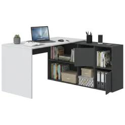 Ufficio|Camera Da Letto > Dmora Scrivania modulabile bianca e cemento 136x139cm con libreria - Abby Grigio, Bianco Cemento