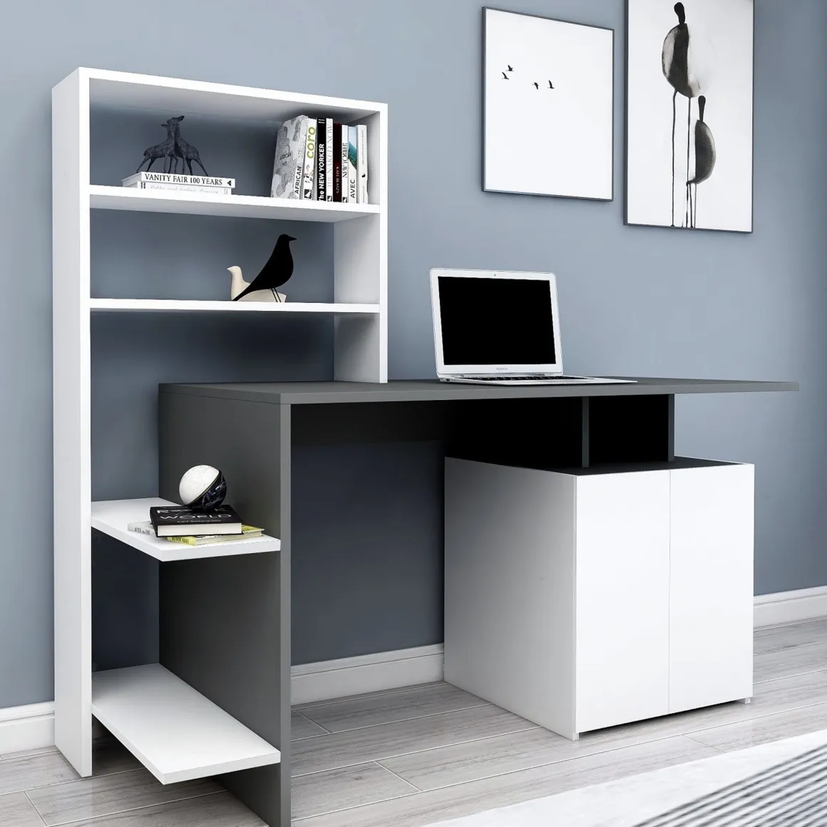 Scrivania Nero Antracite Bianco 8 Ripiani 2 Ante 146x60x74h cm, 7 Vani - Recco