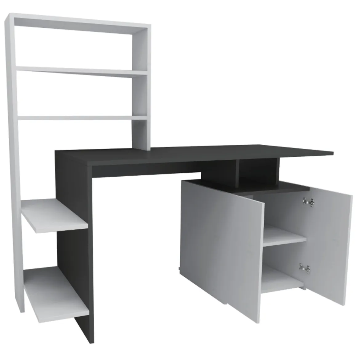Scrivania Nero Antracite Bianco 8 Ripiani 2 Ante 146x60x74h cm, 7 Vani - Recco