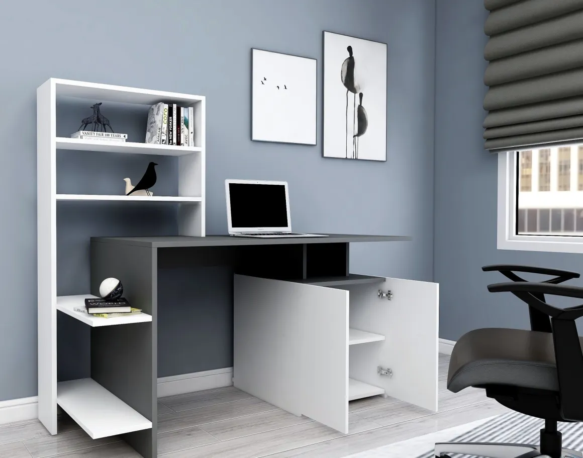Scrivania Nero Antracite Bianco 8 Ripiani 2 Ante 146x60x74h cm, 7 Vani - Recco