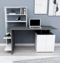 Scrivania Nero Antracite Bianco 8 Ripiani 2 Ante 146x60x74h cm, 7 Vani - Recco