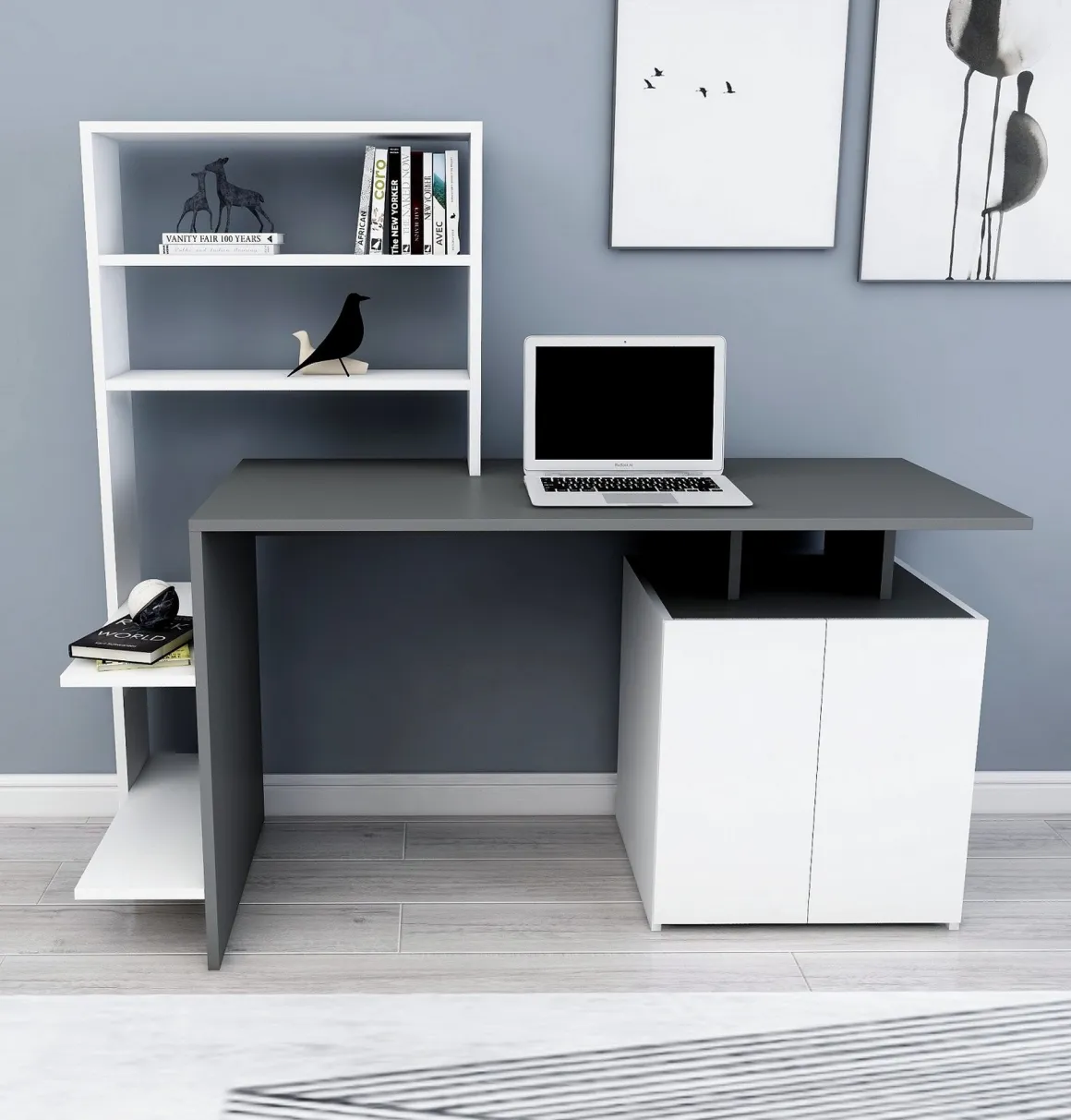Scrivania Nero Antracite Bianco 8 Ripiani 2 Ante 146x60x74h cm, 7 Vani - Recco