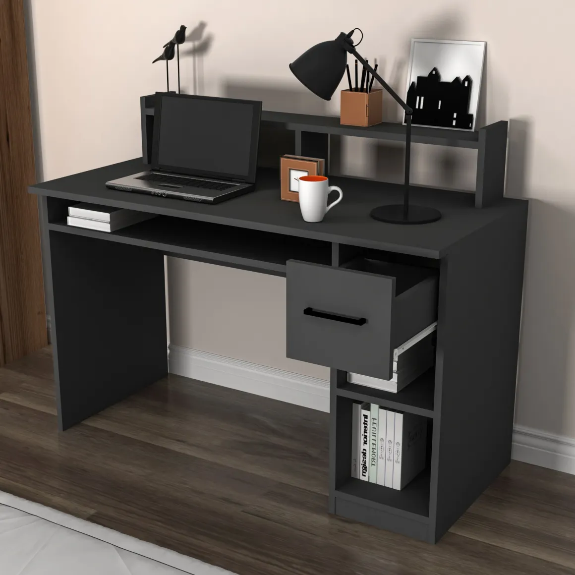 Scrivanie > Dmora Scrivania 6 Ripiani Un'anta 120x55x74h cm, 7 Vani - Donnas Nero Antracite