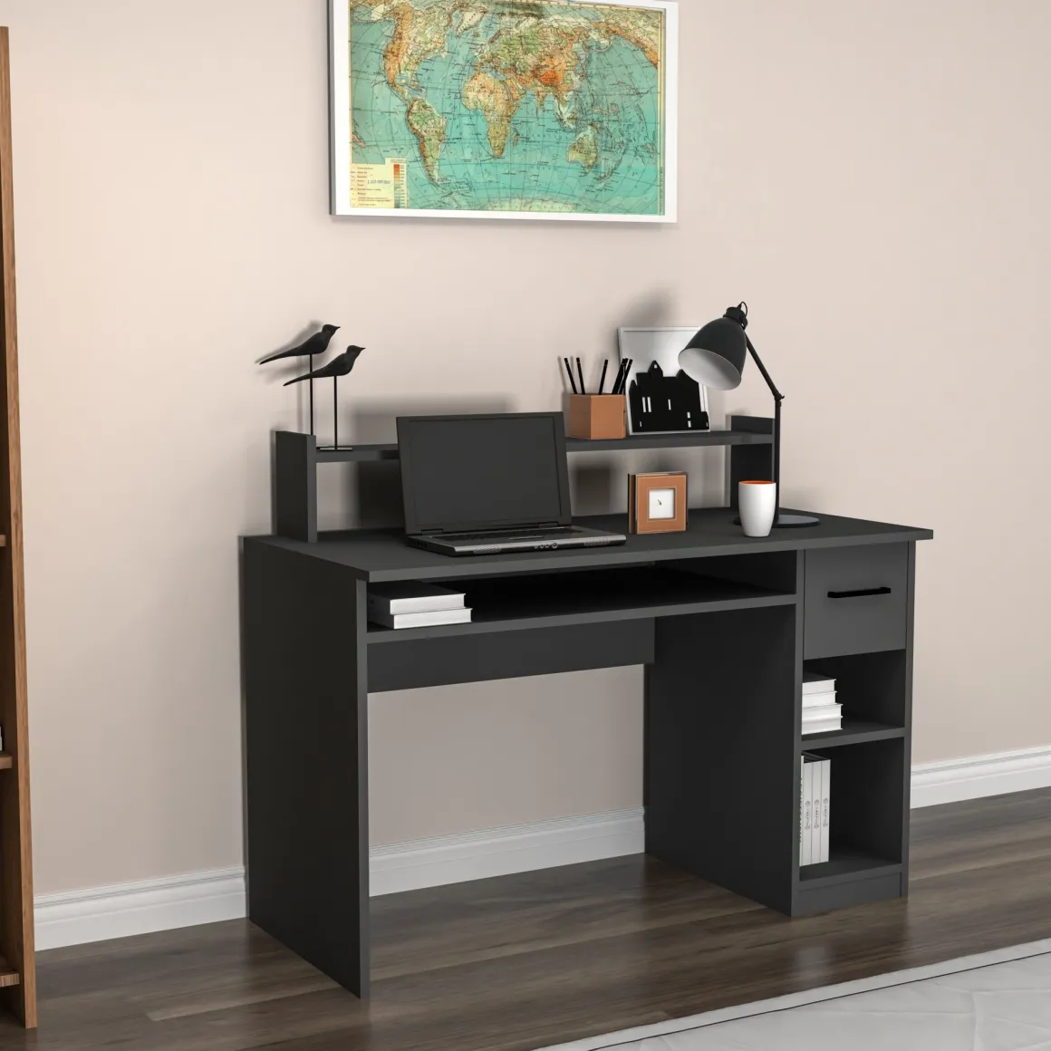 Scrivanie > Dmora Scrivania 6 Ripiani Un'anta 120x55x74h cm, 7 Vani - Donnas Nero Antracite