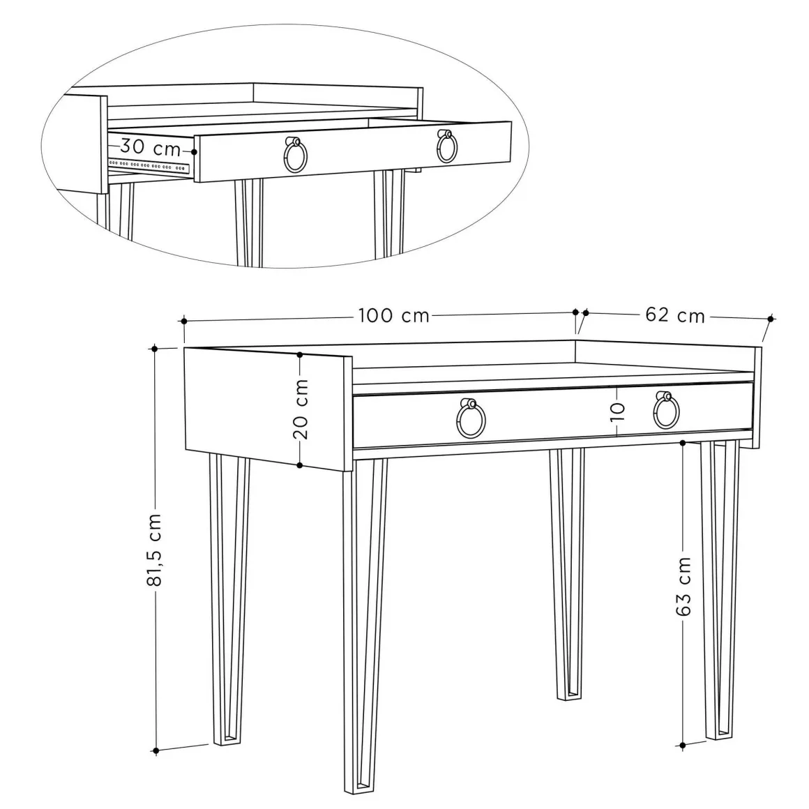 Scrivania No bianca 100x62cm con 1 cassetto - Pollino