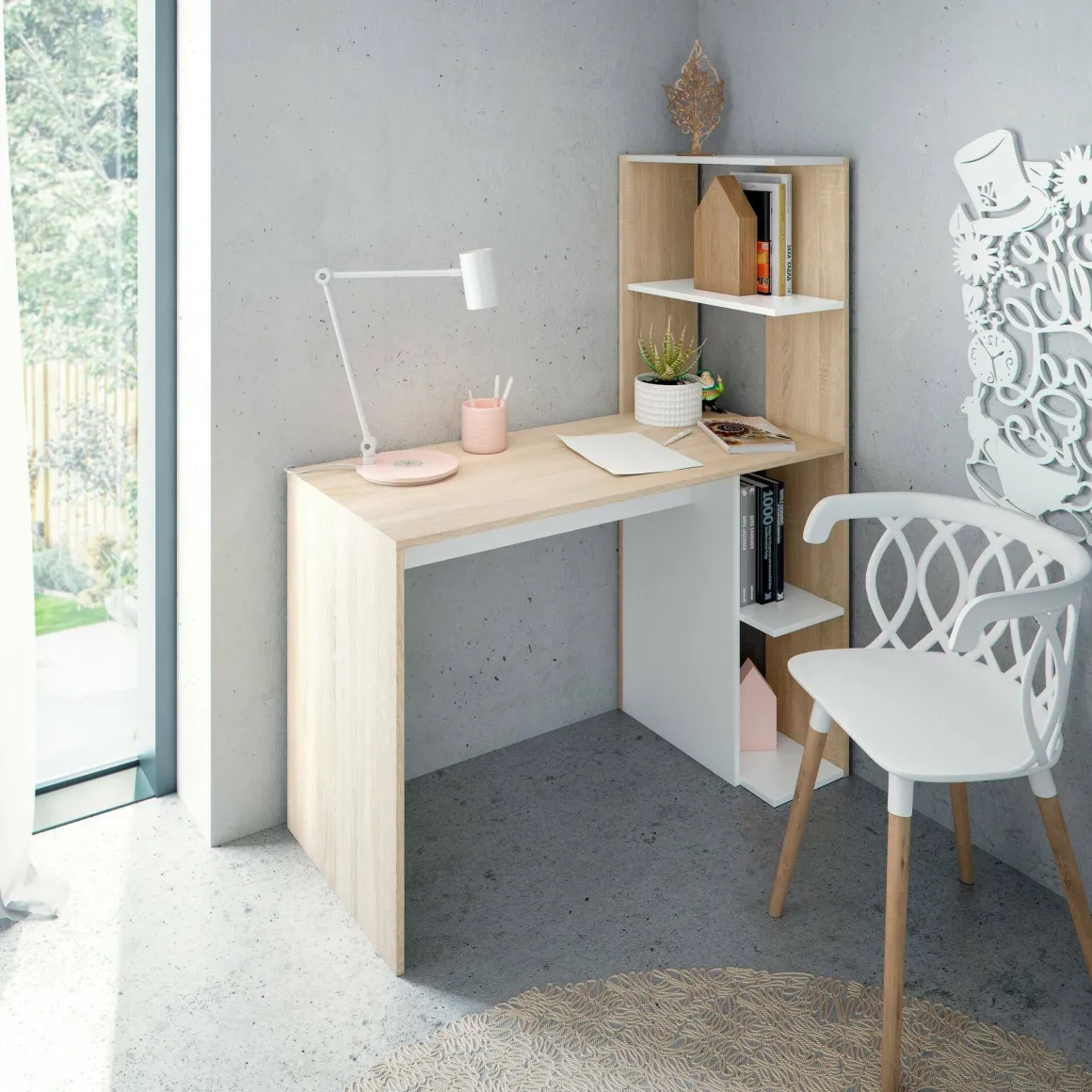 Scrivania salvaspazio bianca e rovere 110x52cm con libreria - Abba