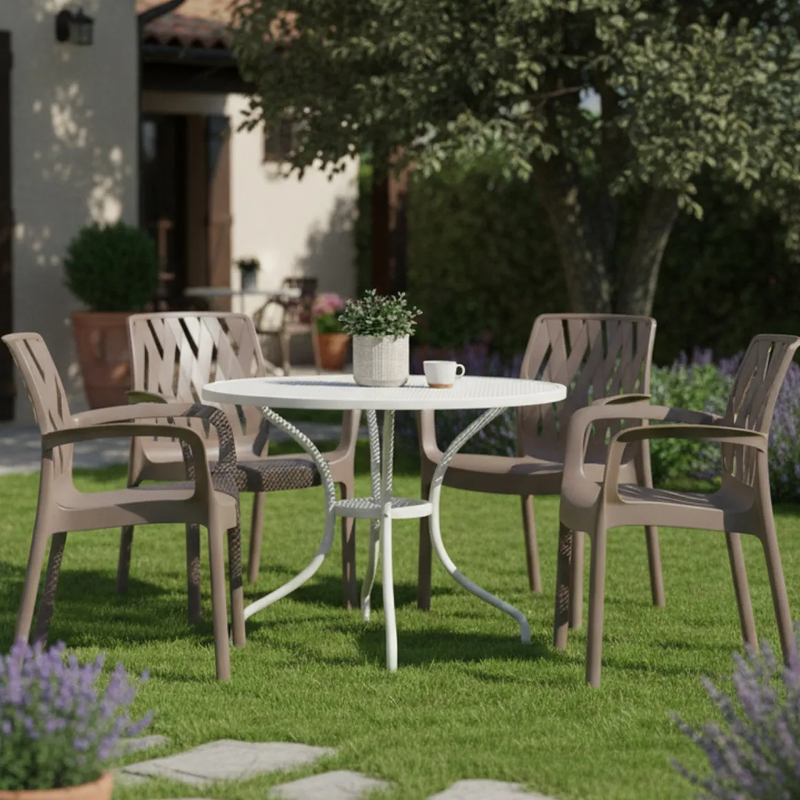 Sedia da Esterno Beige 4 Sedie Impilabile, Braccioli Made in Italy - Rumley
