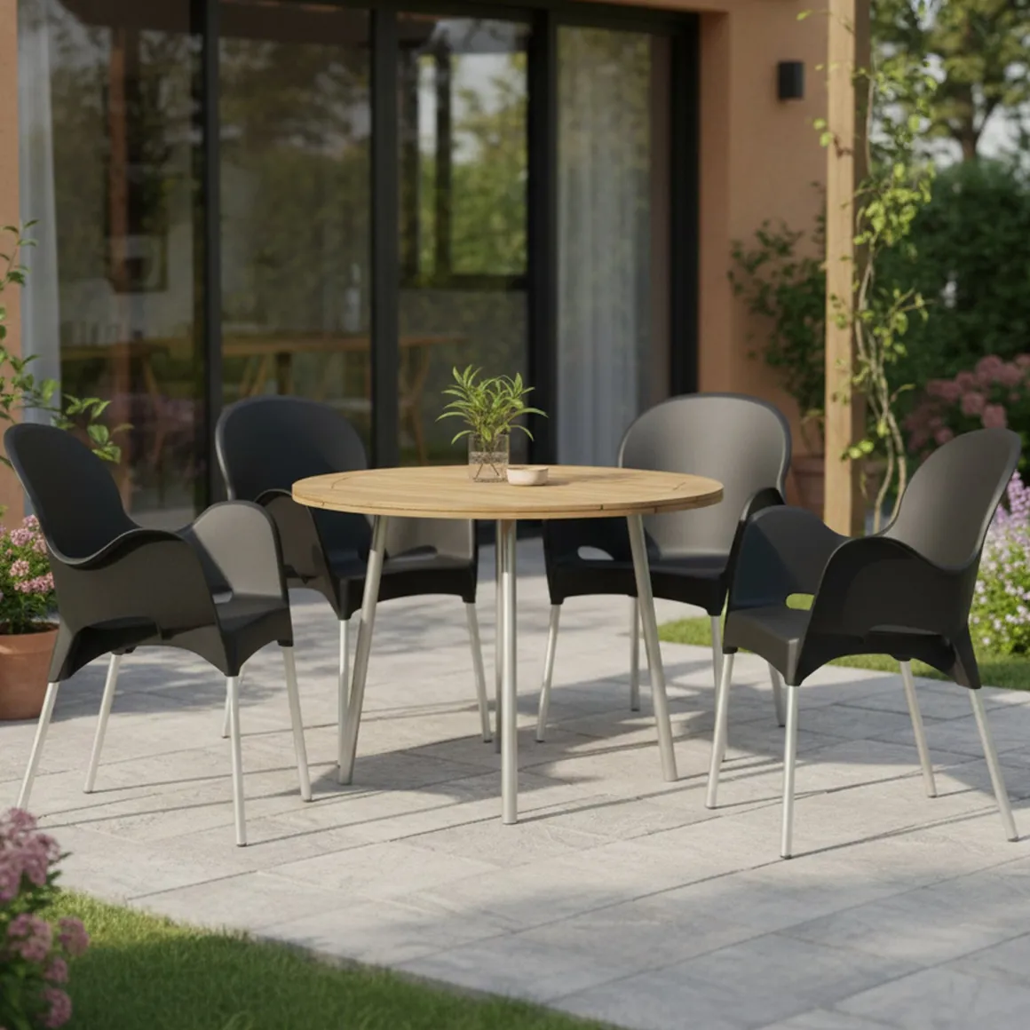 Sedia da Esterno Nero Antracite 4 Sedie Impilabile, Braccioli Made in Italy - Raimund