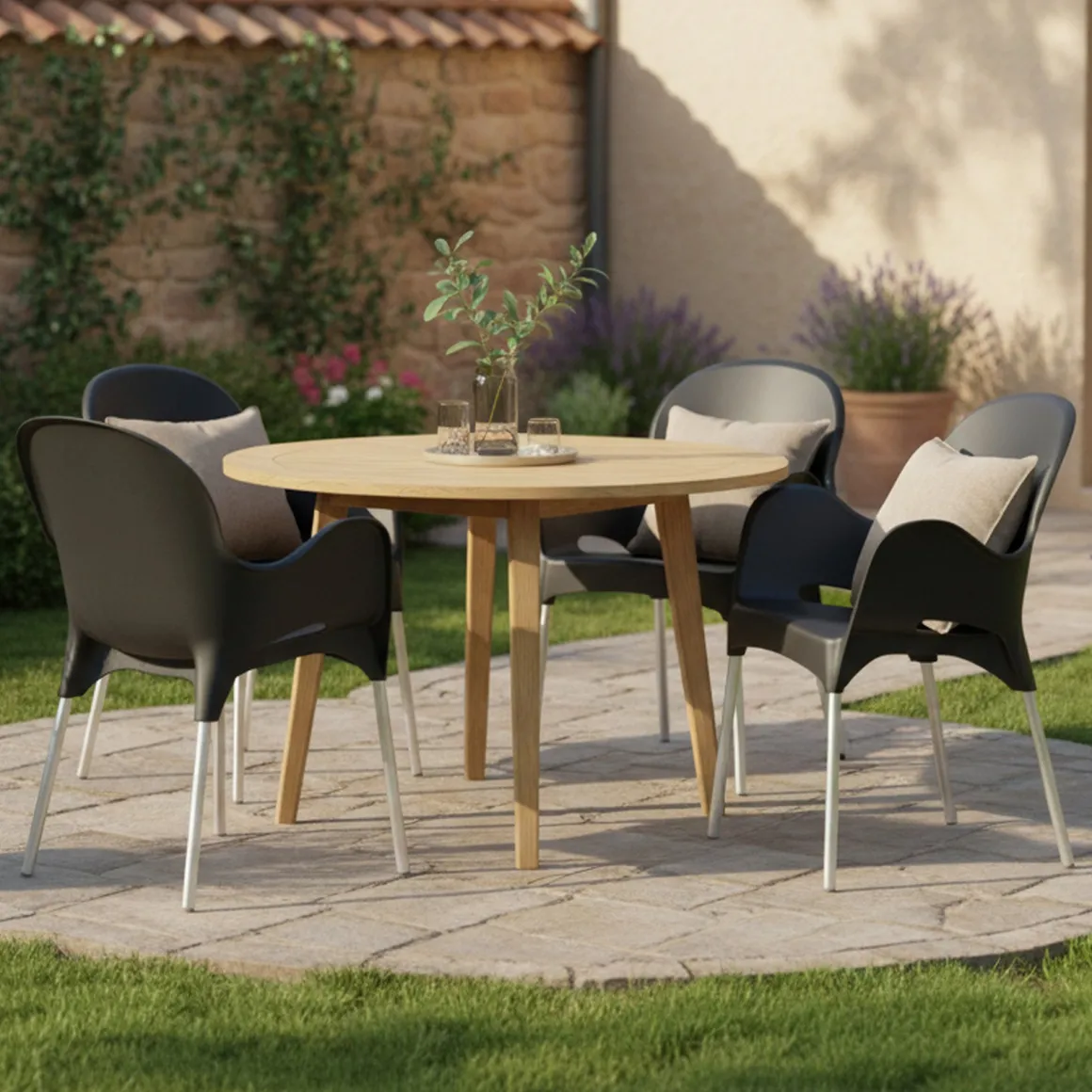Sedia da Esterno Nero Antracite 4 Sedie Impilabile, Braccioli Made in Italy - Raimund