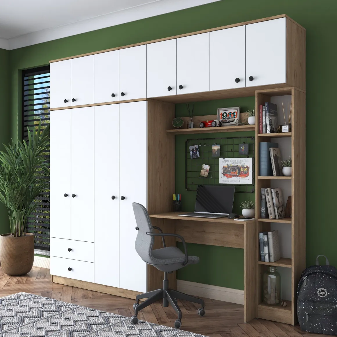 Set Camera da Letto Bianco Marrone Noce Appendiabiti 2 Cassetti, 13 Ripiani - Caprie